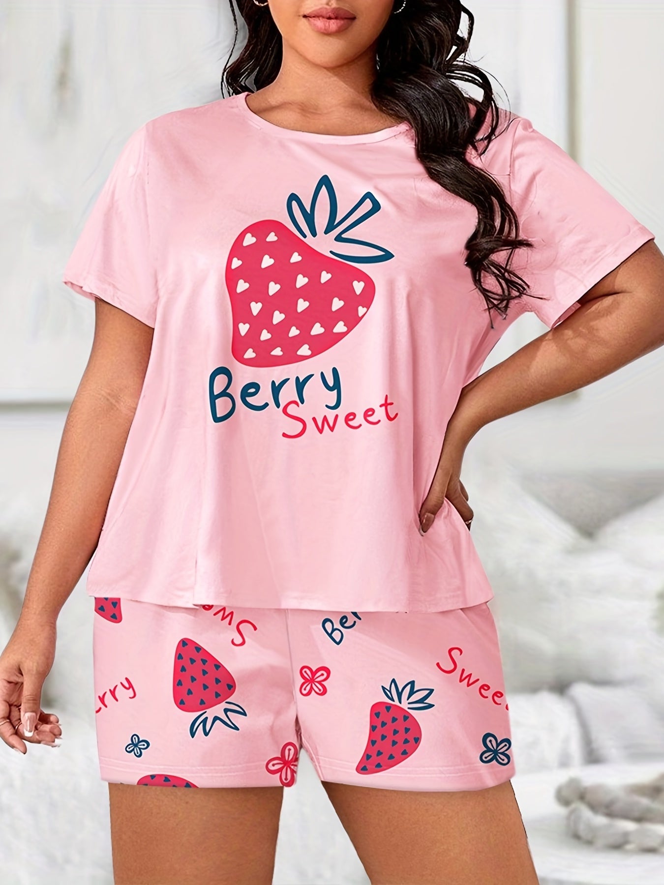 Strawberry & Letter Print Tee & Shorts Pajama Set