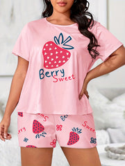 Strawberry & Letter Print Tee & Shorts Pajama Set