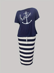 Anchor & Letter Print One Shoulder Top & Stripe Print Skirt Set