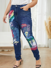 Graphic Print Button Fly Stretch Jeans