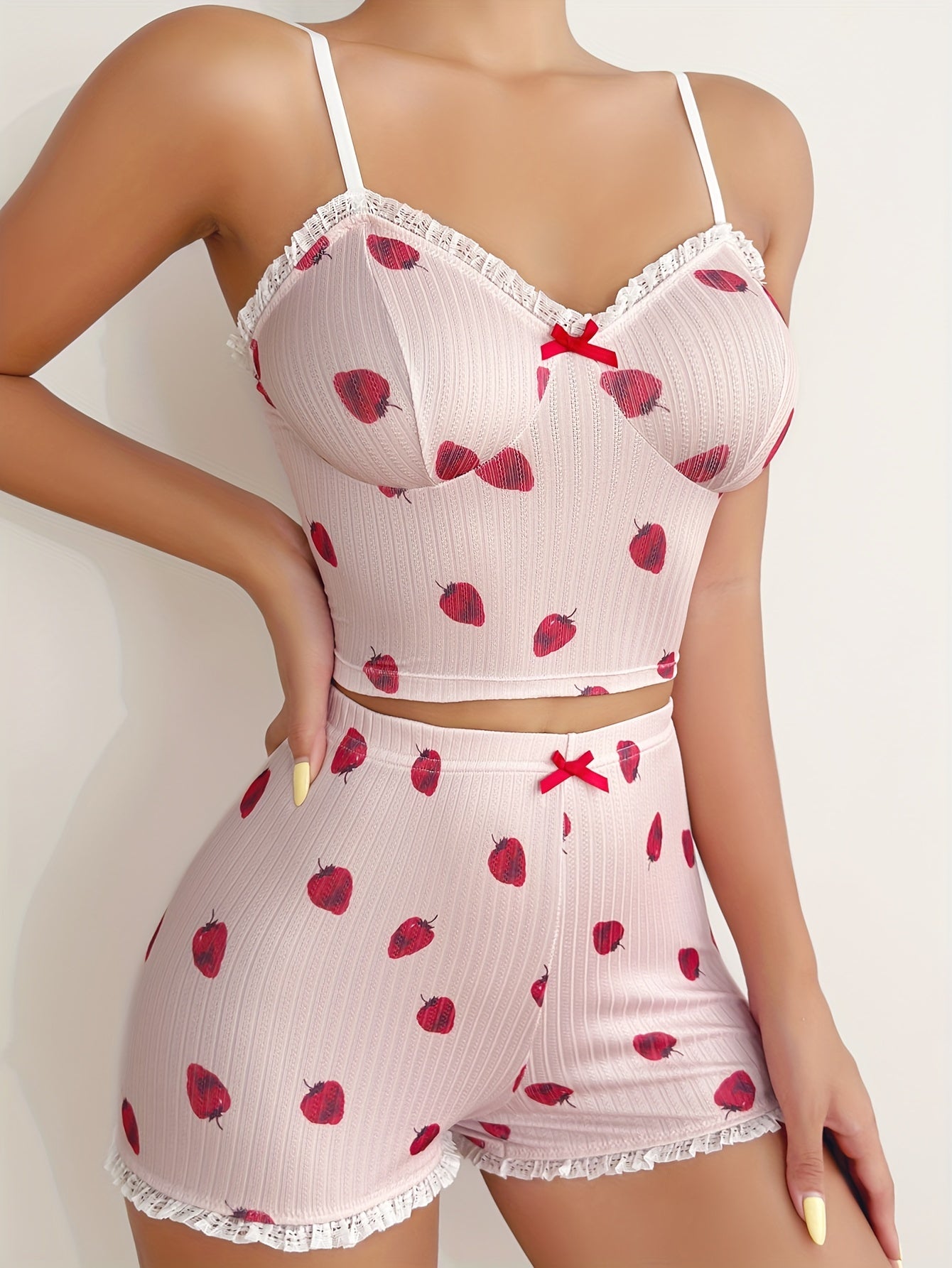 Strawberry Print V Neck Cami Top & Lace Trim Shorts Pajama Set