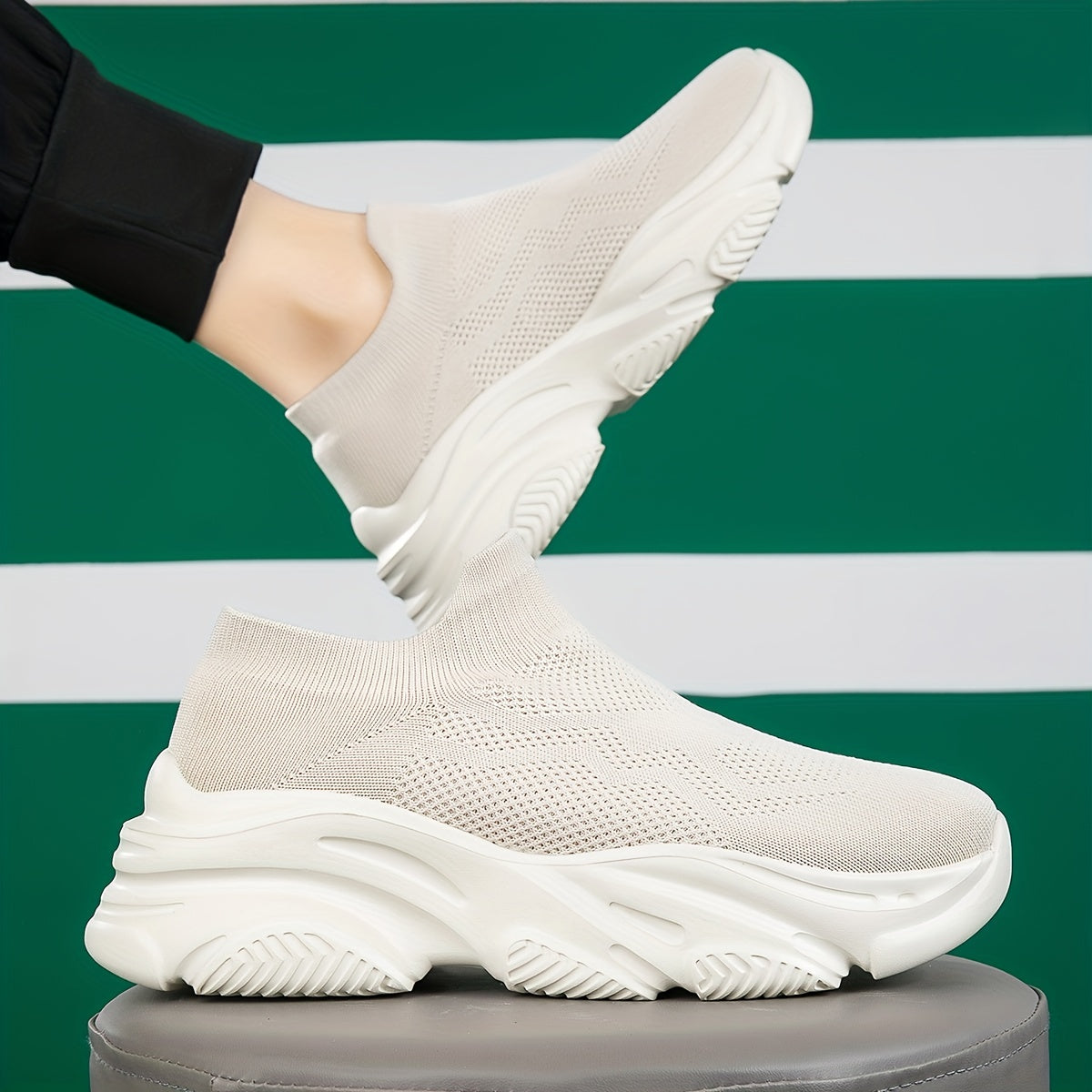 Beige Low Top Socks Sneakers Woven Chunky Slip On Running Shoes