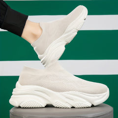 Beige Low Top Socks Sneakers Woven Chunky Slip On Running Shoes