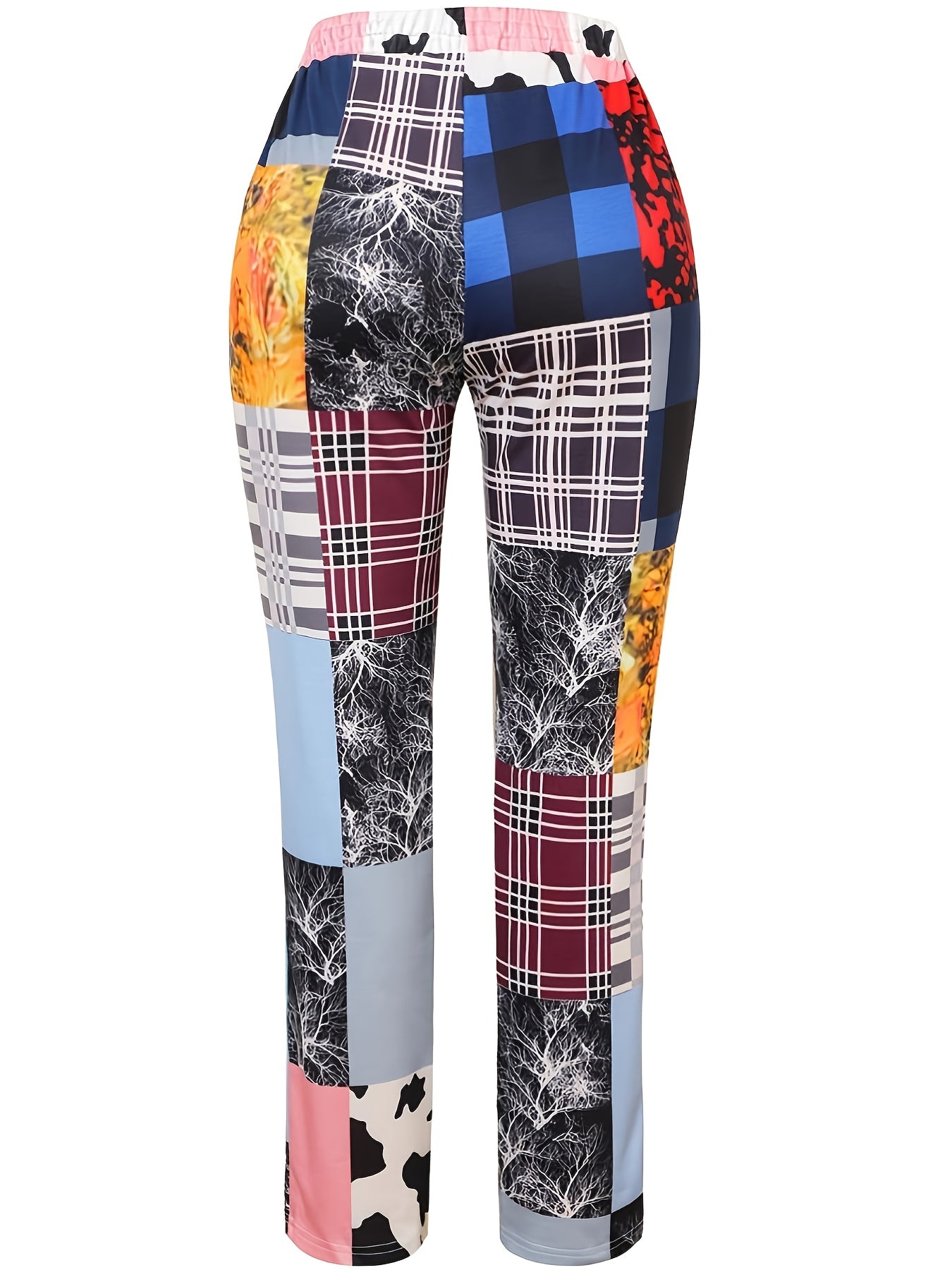 Patchwork Print Elastic Drawstring Straight Leg Pants