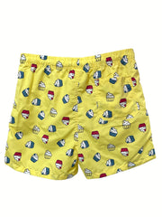 Quick Drying Drawstring Men's Swim Trunks with Inner Mesh, Plants and Cake Print
