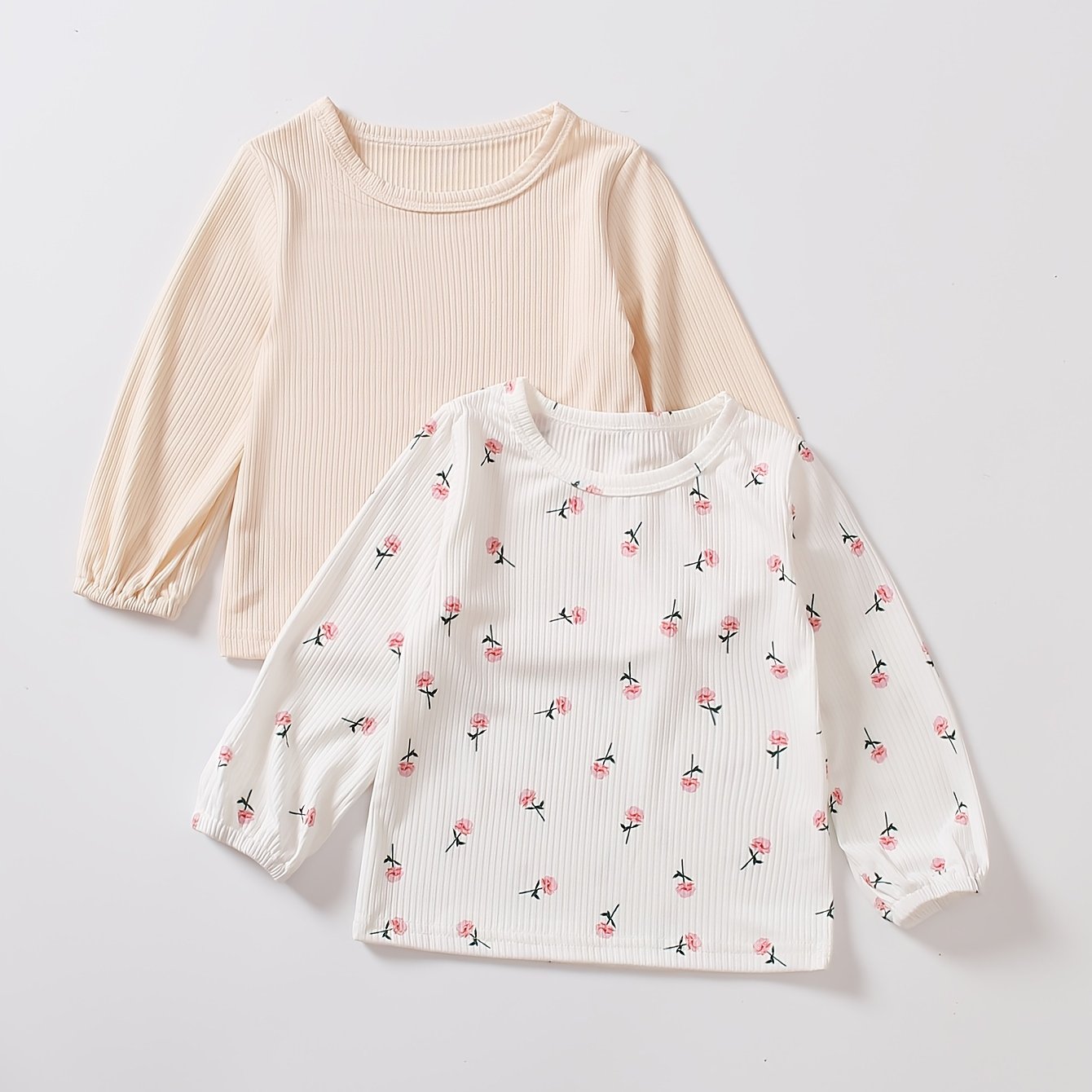 2pcs Little Kids Modest Floral Print Long Sleeve Tees Tops