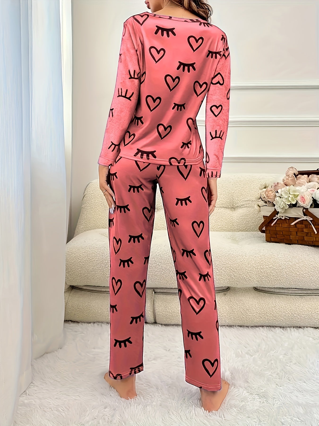 Heart & Eyelash Print Long Sleeve Pajamas 2 PC Set