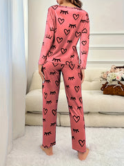Heart & Eyelash Print Long Sleeve Pajamas 2 PC Set