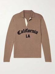 California LA City Print Knit Polo Shirt Men's Stretch V Neck Sweater
