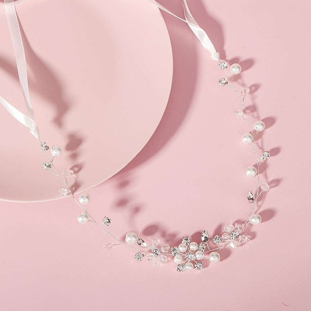 Faux Pearl Rhinestone Streamer Hairband Headband Silvery Decorations Tiara