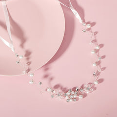 Faux Pearl Rhinestone Streamer Hairband Headband Silvery Decorations Tiara