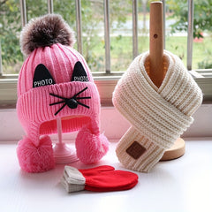 Cat Pattern Kids Knitted Woolen Hat Scarf Gloves Set