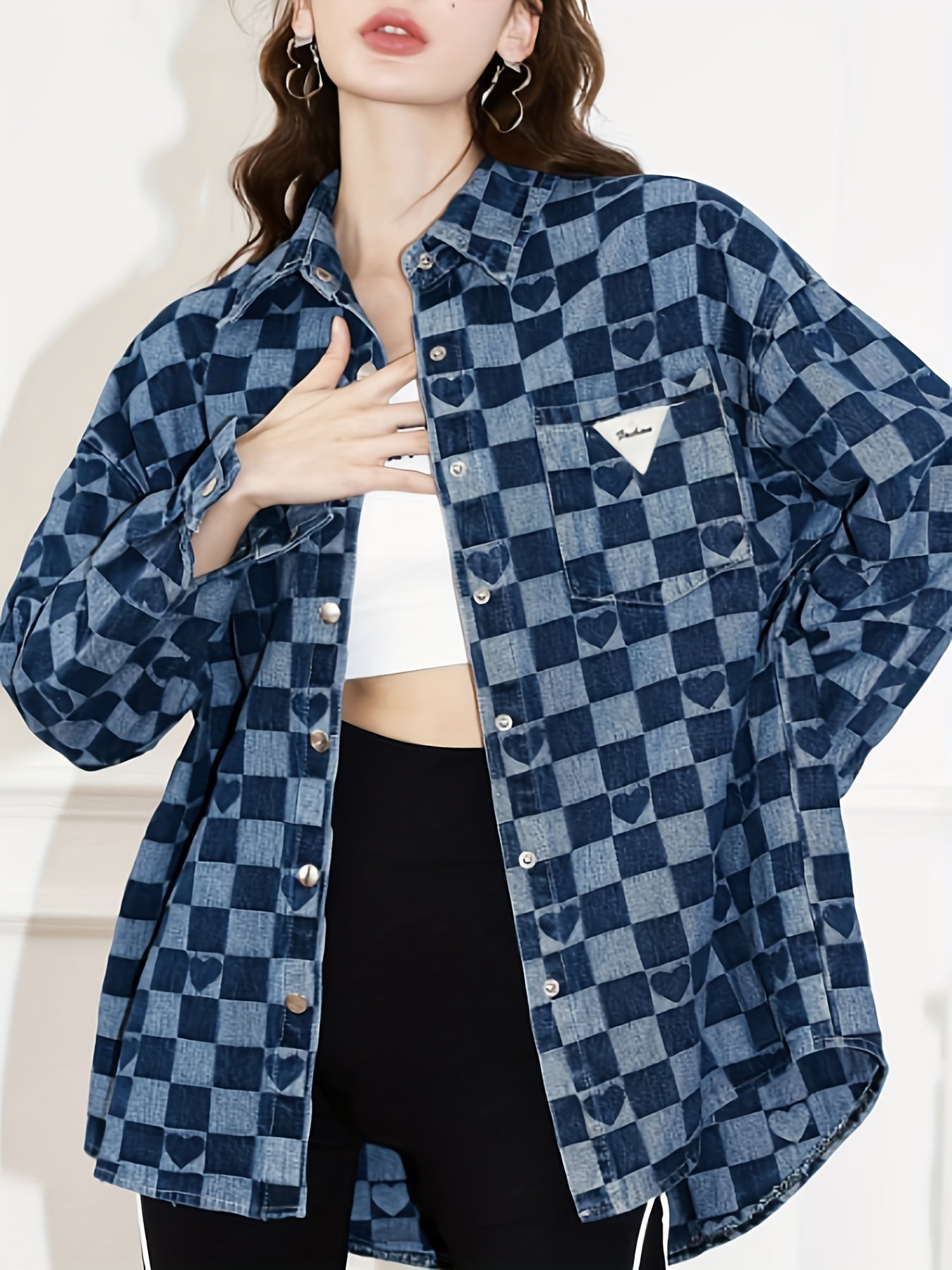 Checkerboard Print Denim Jackets Loose Fit Heart Pattern Denim Coats Women's