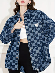 Checkerboard Print Denim Jackets Loose Fit Heart Pattern Denim Coats Women's