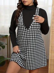 2-Piece Outfit: Solid Long Sleeve Top & Houndstooth Print Tank Dress