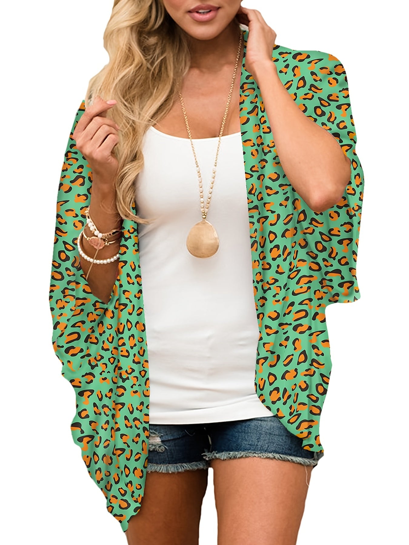 Green Leopard Print Chiffon Blouse V Neck Sheer Long Sleeve Cover Up Shirt