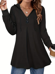 Button Front Drawstring Hoodie Sweatshirt Women's Clothing