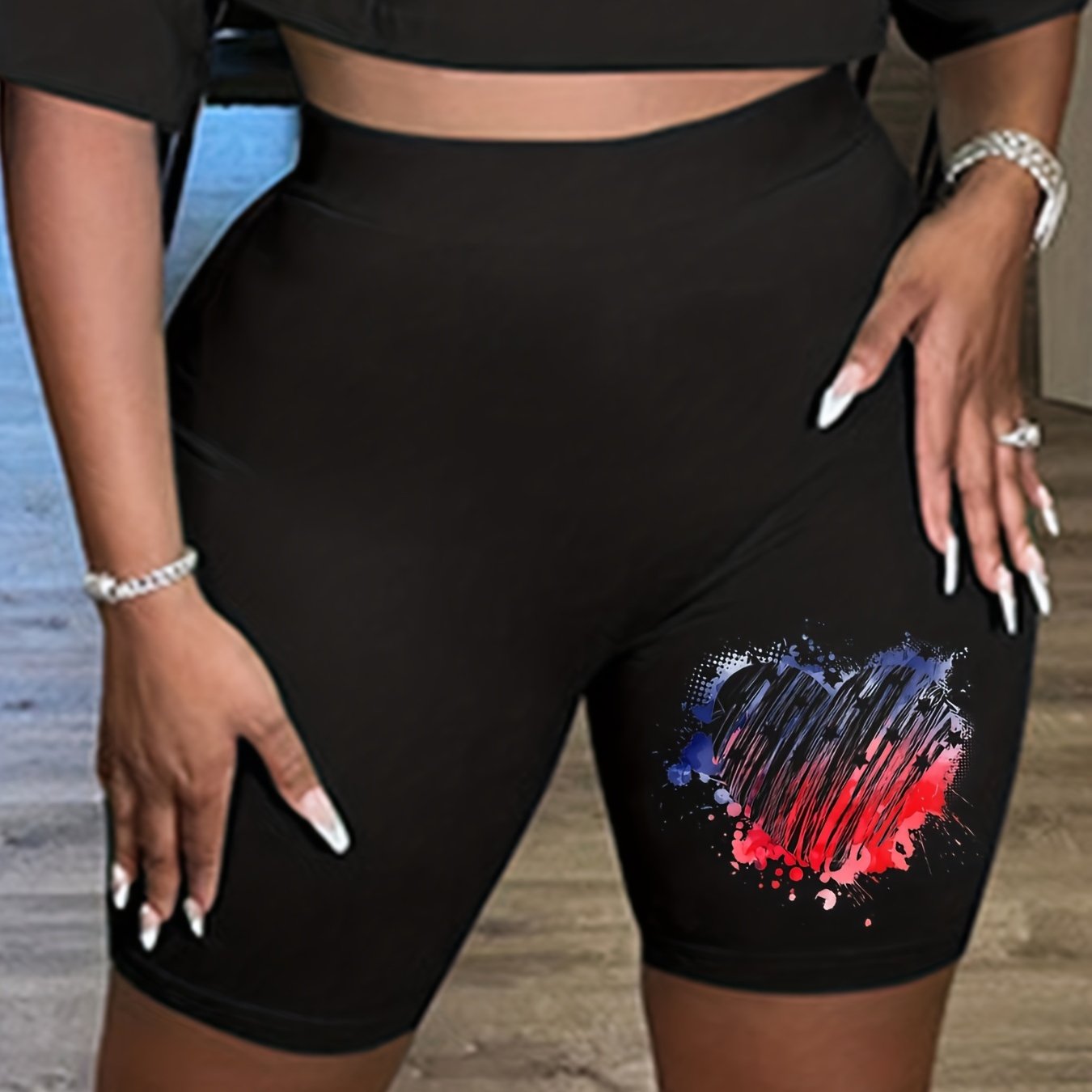 Women's Plus Graffiti Heart Print High Rise Biker Shorts