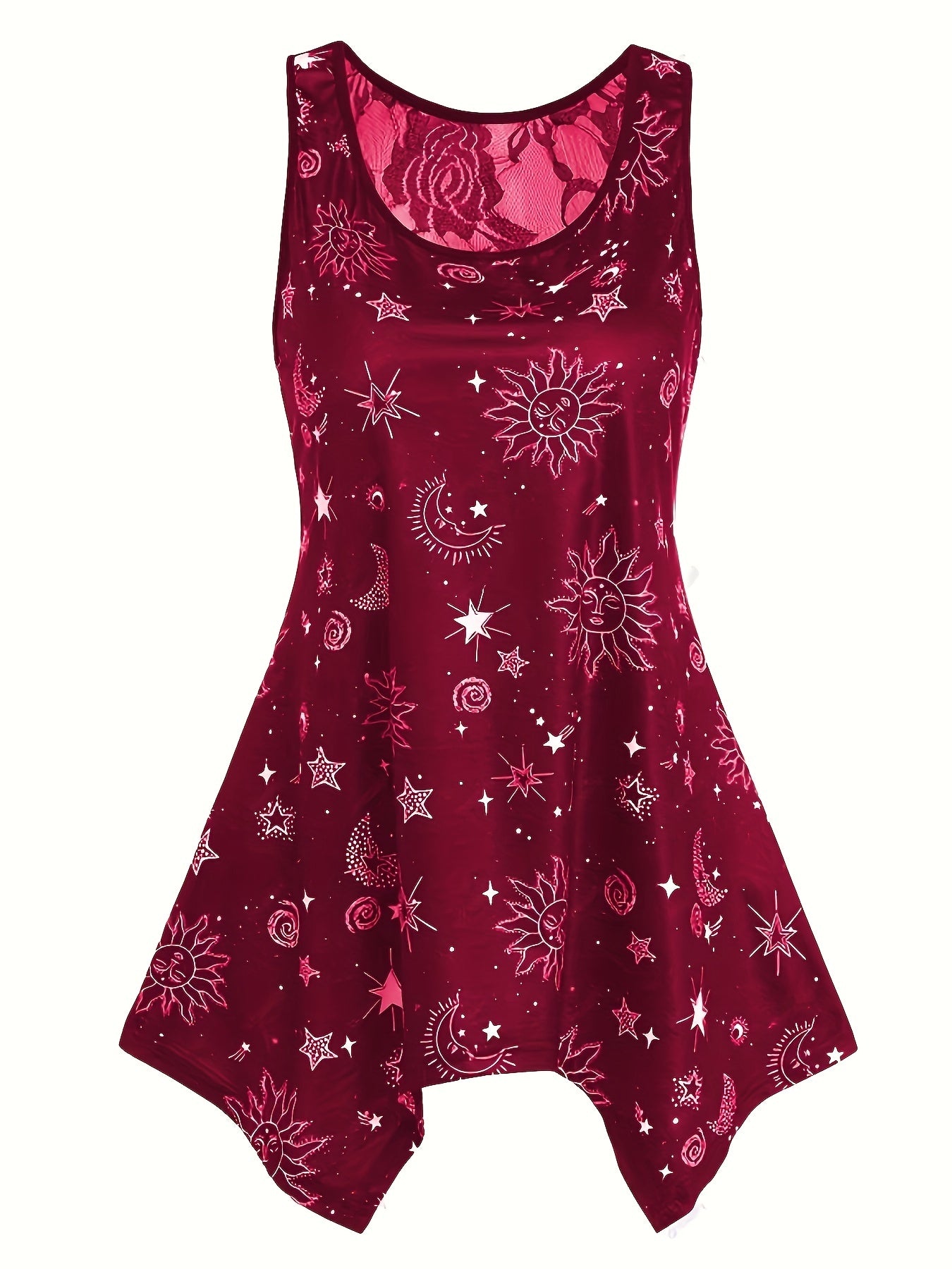 Gothic Sun & Moon Mesh Tank Top, Crew Neck Sleeveless Summer Top