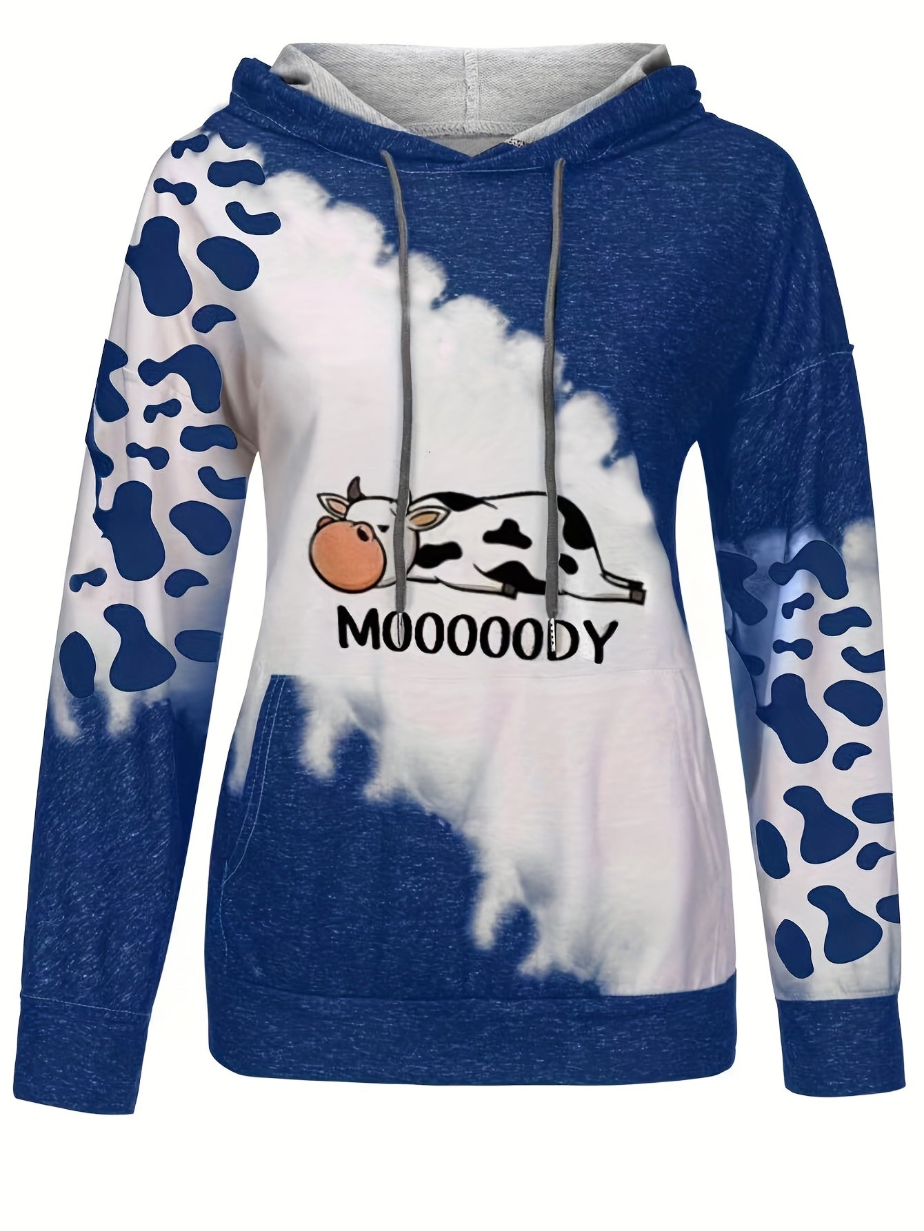 Cow & Letter Print Hoodies Casual Drawstring Kangaroo Pocket
