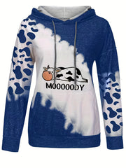 Cow & Letter Print Hoodies Casual Drawstring Kangaroo Pocket