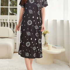 Starry Print NightDress Short Sleeve Crew Neck Pajama Dress