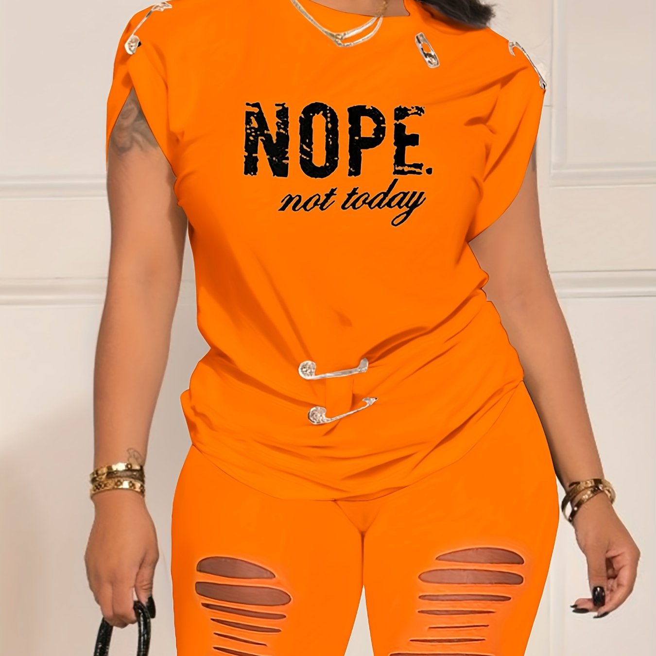 Casual Spring/Summer Set: Letter Print Tee & Ripped Shorts