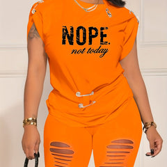 Casual Spring/Summer Set: Letter Print Tee & Ripped Shorts