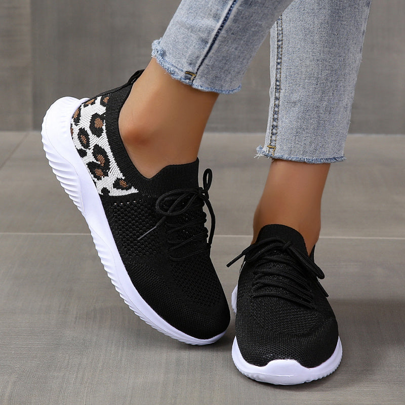 Leopard Pattern Breathable Lace-up Running Shoes Women's Footwear