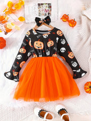 Halloween Tutu Dress For Little Girls Pumpkin Ghost Long Sleeve Party Outfit
