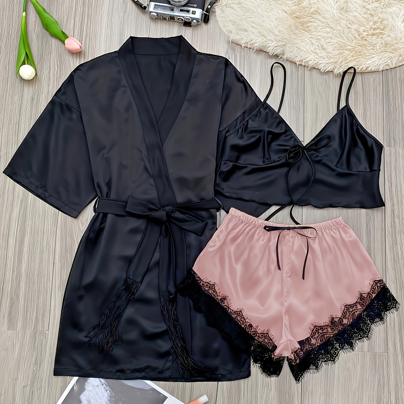 3 Piece Satin Pajama Set with Lace Trim Shorts