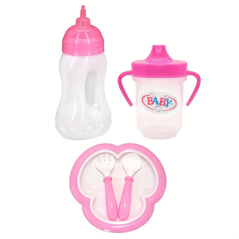 18" Doll Accessory Set Plastic Baby Bottle, Drinking Cup, Plate, Fork