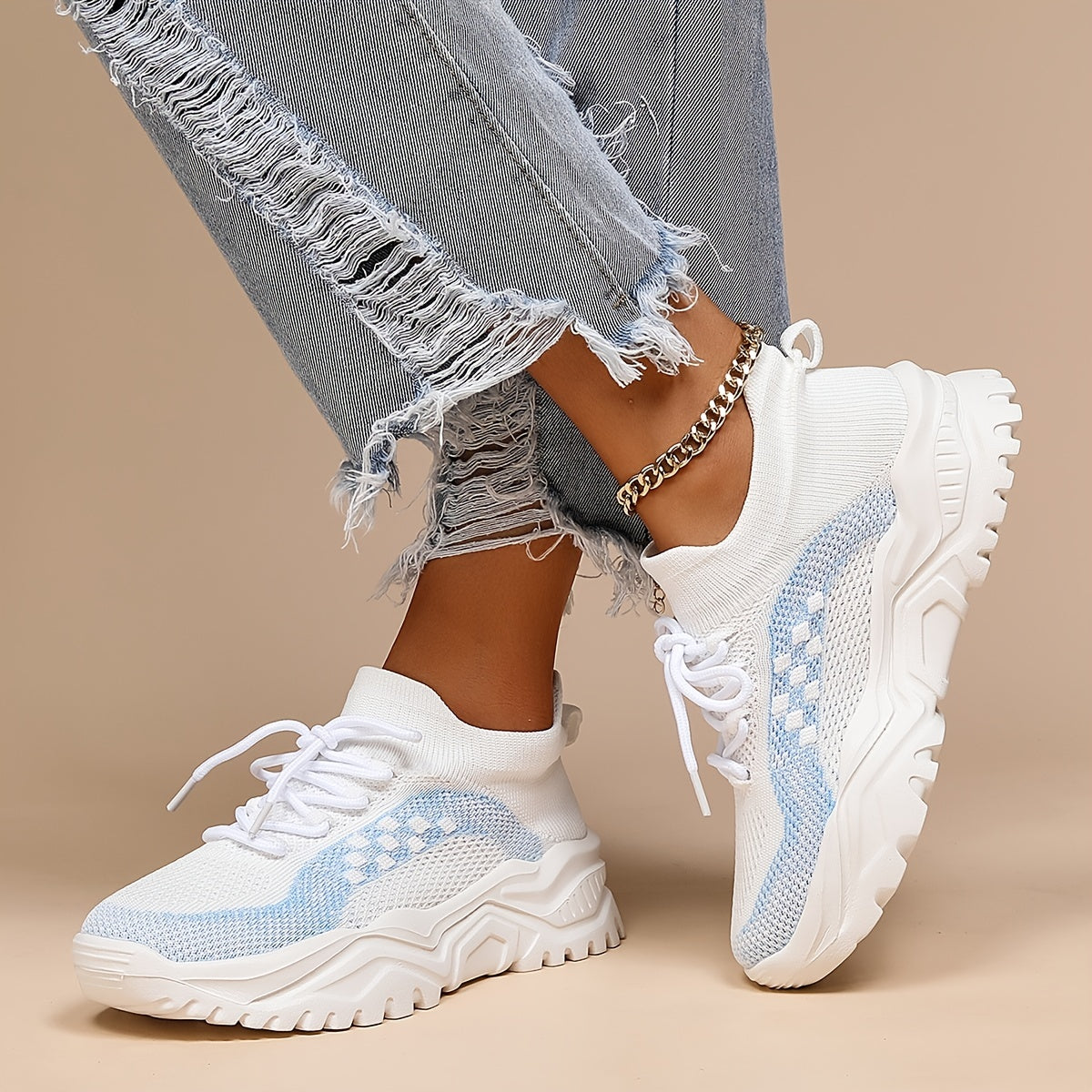 Women's Platform Sock Sneakers Lace Up Knitted Low Top Running Shoes