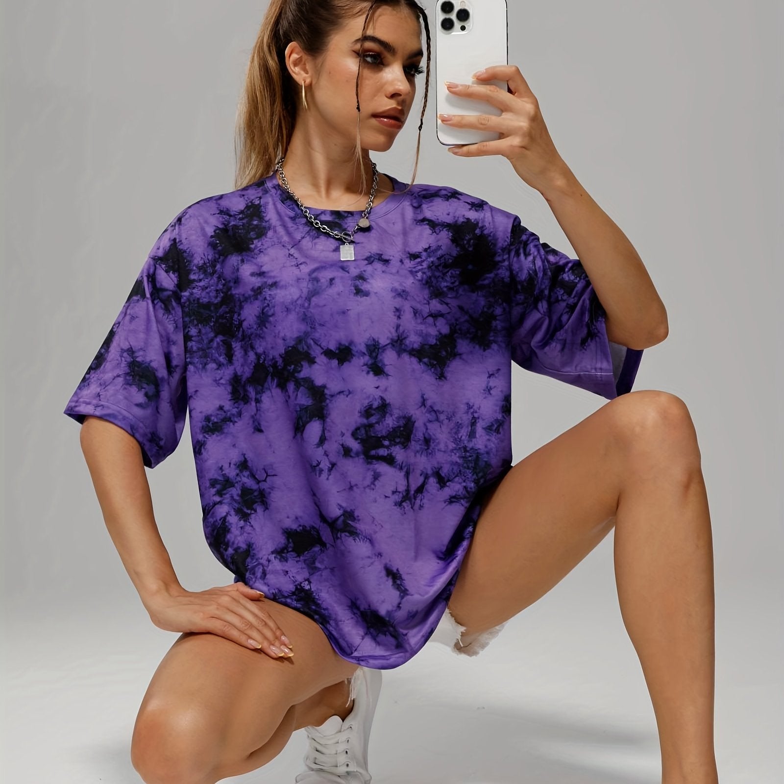 Tie Dye Loose Sports T Shirt Crew Neck Short Sleeve Top