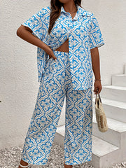 Women's Plus Floral Print Short Sleeve Blouse & Wide Leg Pants Set