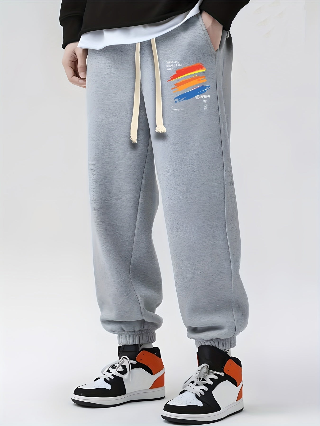 Brush Line Print Drawstring Sweatpants Men's Casual Loose Fit Pants