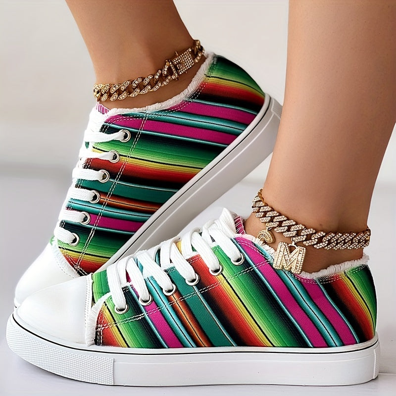 Colorful Strip Print Sneakers Low Top Lace Up Canvas Shoes