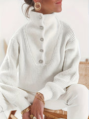 Casual Sweater Solid Button Up Long Sleeve High Neck Jumper