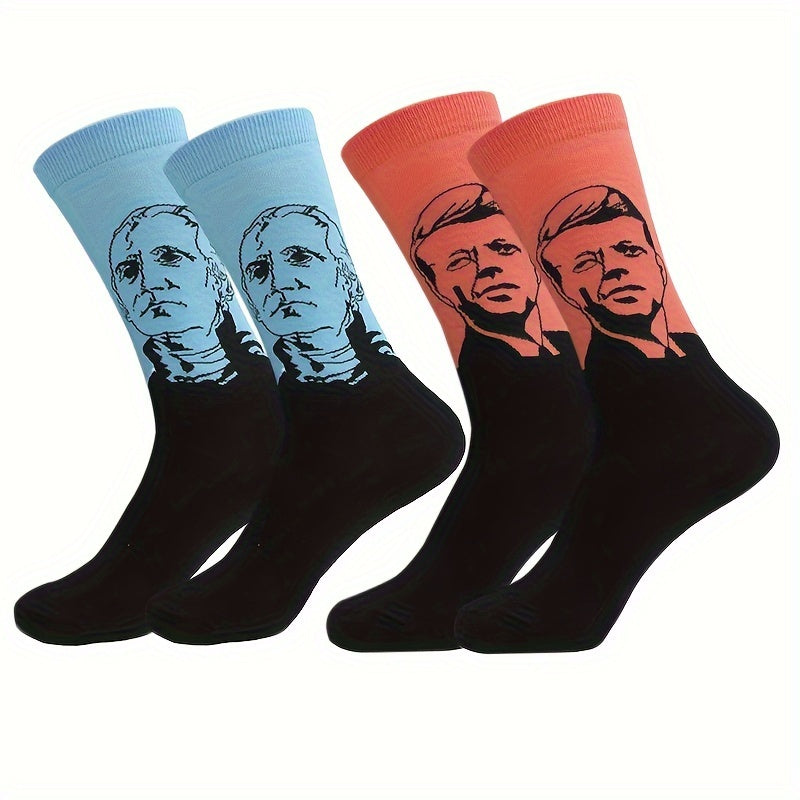 Men's Illustration Pattern Crew Socks 2 Pairs