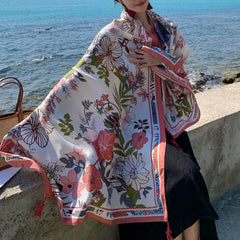 Pink Flower Print Scarf Oversized Windproof Shawl Sunscreen Head Wrap