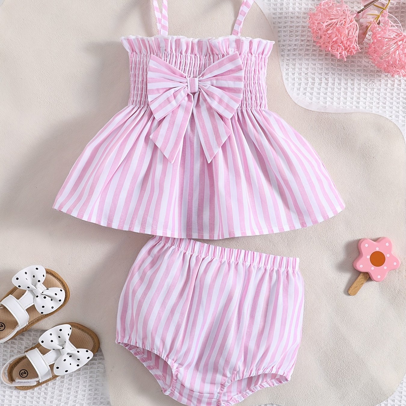 2pcs Baby Girls Bowknot Striped Cami Tops & Shorts Set