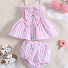 2pcs Baby Girls Bowknot Striped Cami Tops & Shorts Set