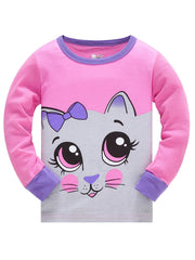 Girls Cat Print Pajamas Set, Long Sleeve Crew Neck Tops & Pants, Pink