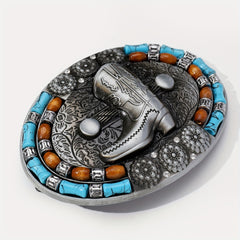 Boho Turquoise Beads Inlaid Belt Buckle Cowboy Boots Pattern Engraved Vintage