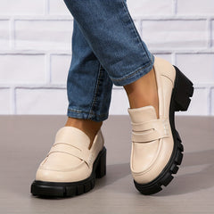 Chunky Heeled Loafers Round Toe PU Leather Shoes