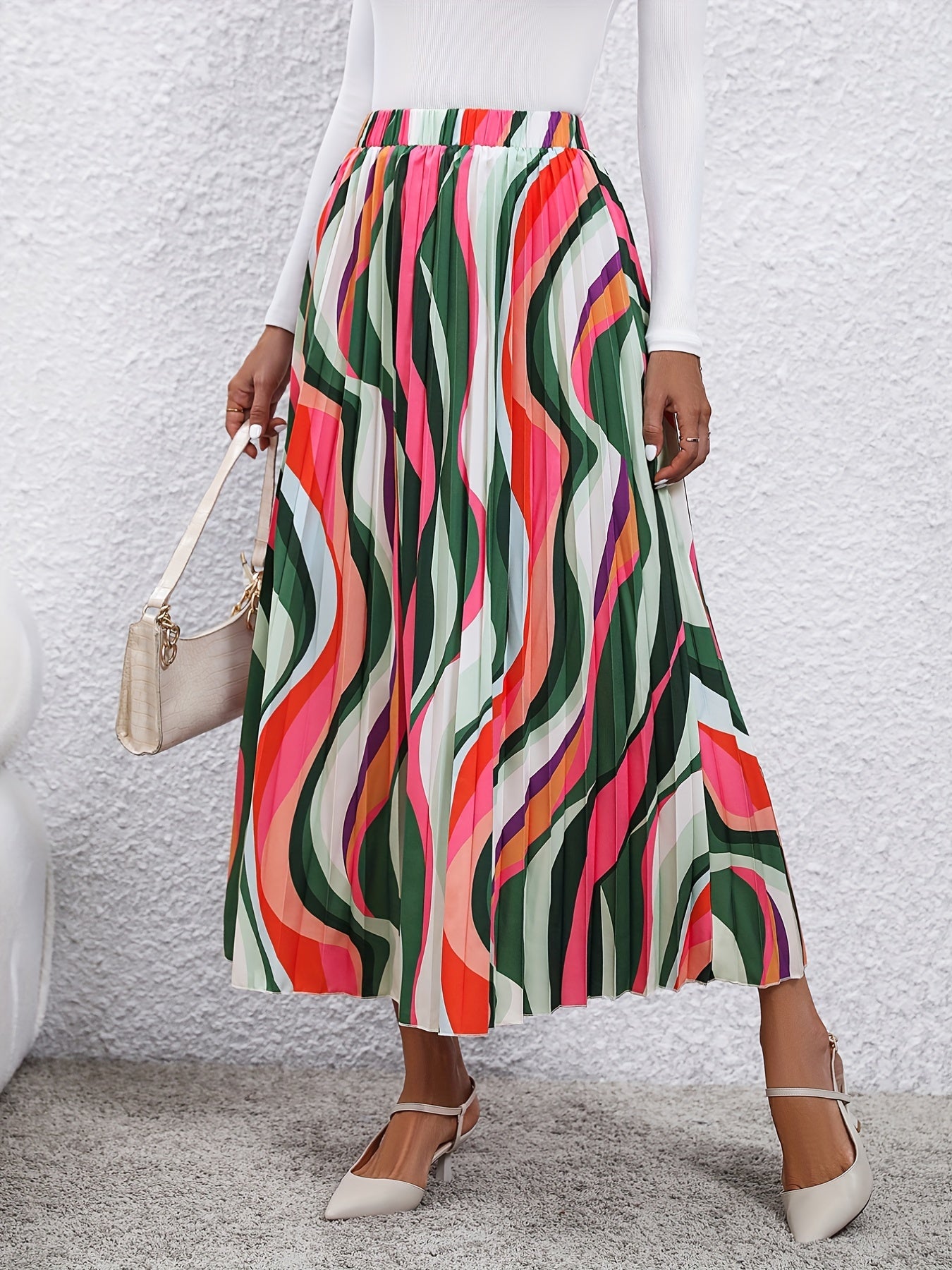 Abstract Print Pleated Maxi Skirt Women's Clothing