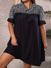 Colorblock Ditsy Print Ruffle Trim V Neck Dress