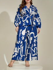 Graffiti Print Peplum Top & Wide Leg Pants Set