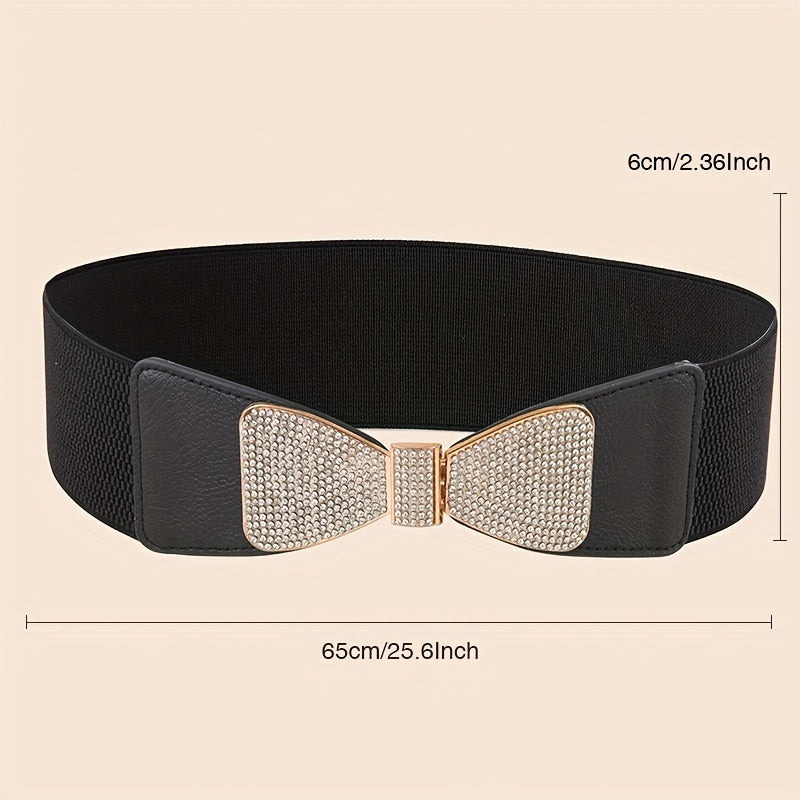 Rhinestone Bow Buckle Belt Wide PU Elastic Waistband