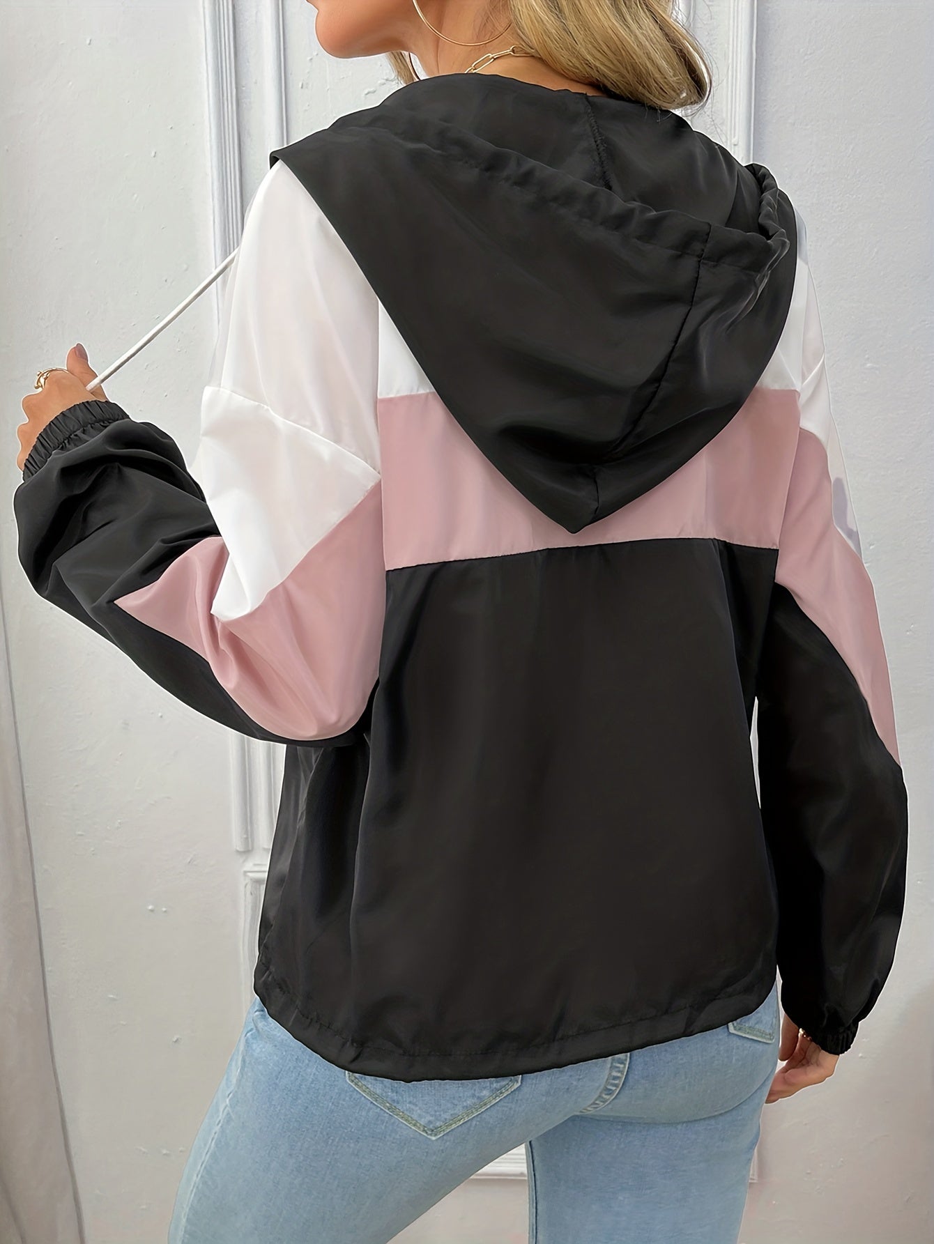 Block Hooded Jacket Zip Up Long Sleeve Outerwear Women's Clothing